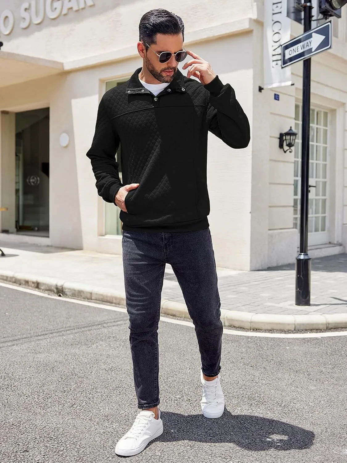 COOFANDY Mens Quarter Sweatshirt Quilted Long Sleeve Mock Neck Active Sweater Waffle Pullover Polo Shirts With Pockets