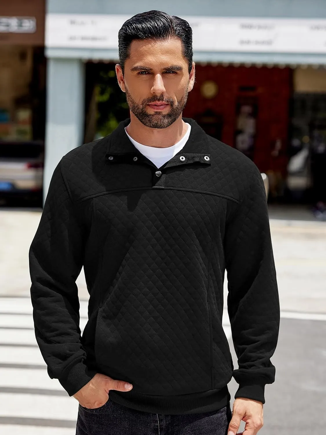 COOFANDY Mens Quarter Sweatshirt Quilted Long Sleeve Mock Neck Active Sweater Waffle Pullover Polo Shirts With Pockets
