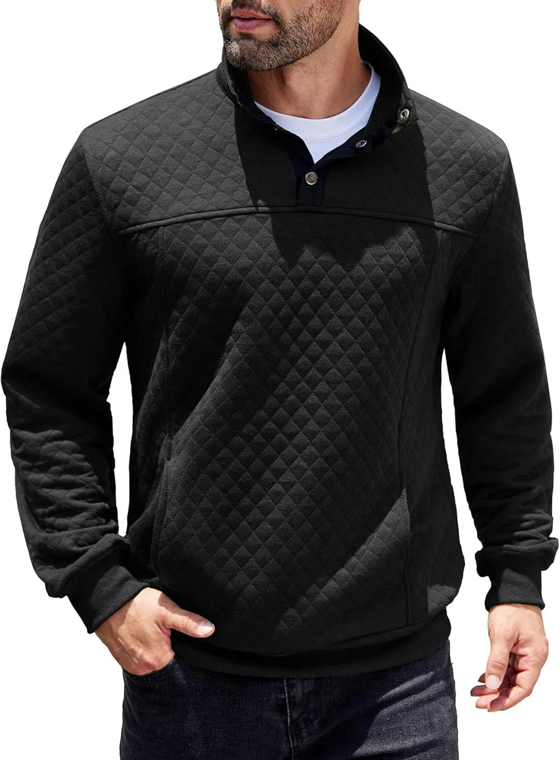 COOFANDY Mens Quarter Sweatshirt Quilted Long Sleeve Mock Neck Active Sweater Waffle Pullover Polo Shirts With Pockets