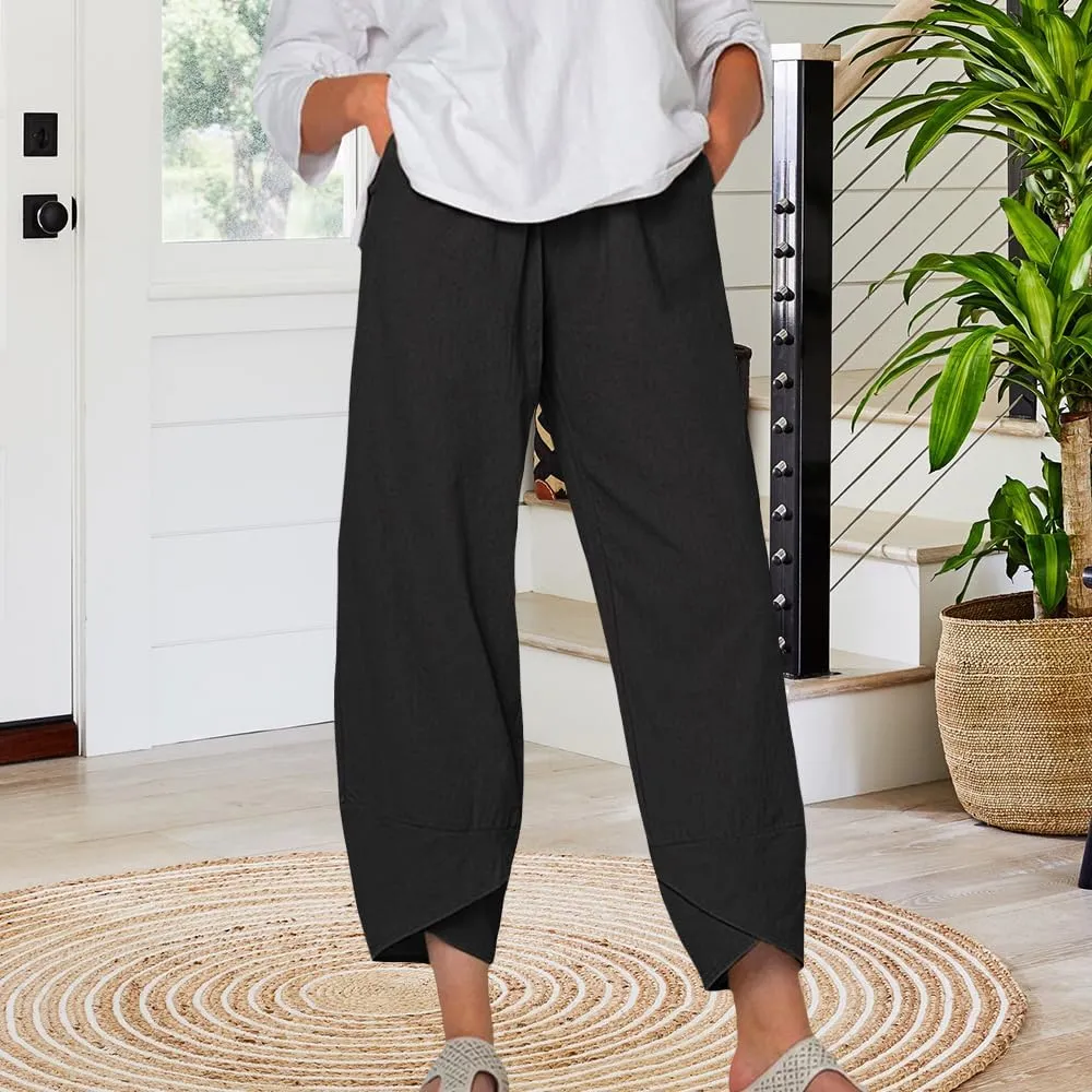 Cotton Linen Capri Pants for Women Summer Wide Leg Comfy Lounge Cropped Pants Plus Size Palazzo Trousers with Pockets