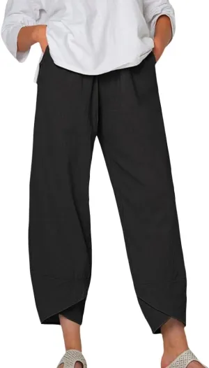 Cotton Linen Capri Pants for Women Summer Wide Leg Comfy Lounge Cropped Pants Plus Size Palazzo Trousers with Pockets