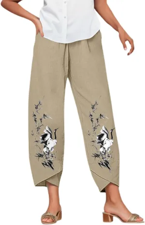Cotton Linen Pants Women Casual Summer Loose Fit Boho Straight Leg Solid Color High Waist Linen Pants Comfy Lounge Trousers