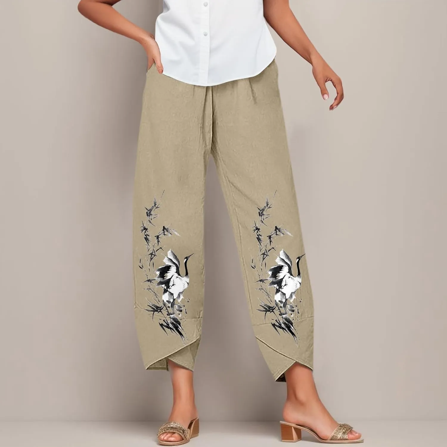 Cotton Linen Pants Women Casual Summer Loose Fit Boho Straight Leg Solid Color High Waist Linen Pants Comfy Lounge Trousers