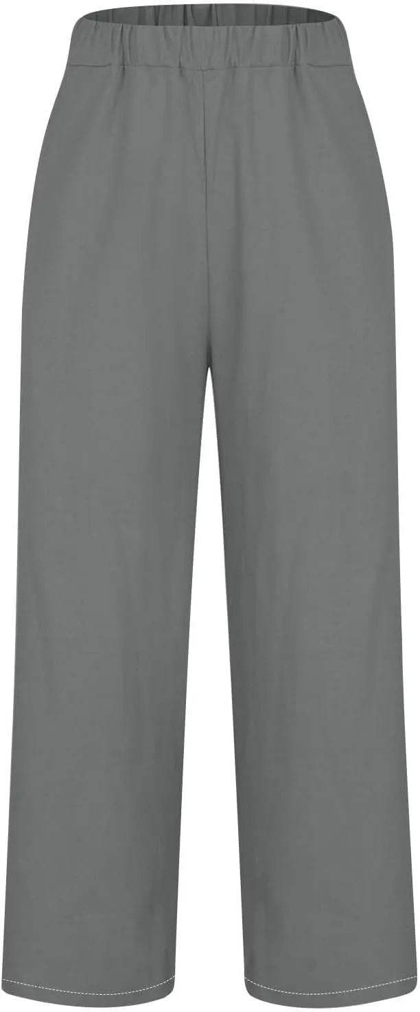 Cotton Linen Pants Women's Casual Summer Relax Fit Elastic Waist Straight Leg Comfy Solid Lounge Long Trouser with