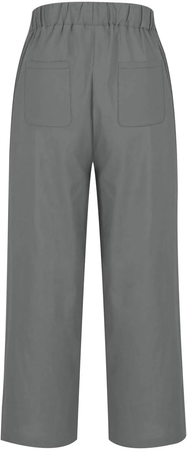 Cotton Linen Pants Women's Casual Summer Relax Fit Elastic Waist Straight Leg Comfy Solid Lounge Long Trouser with