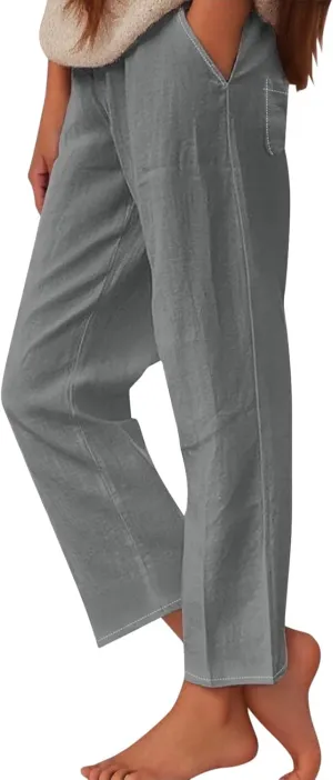 Cotton Linen Pants Women's Casual Summer Relax Fit Elastic Waist Straight Leg Comfy Solid Lounge Long Trouser with