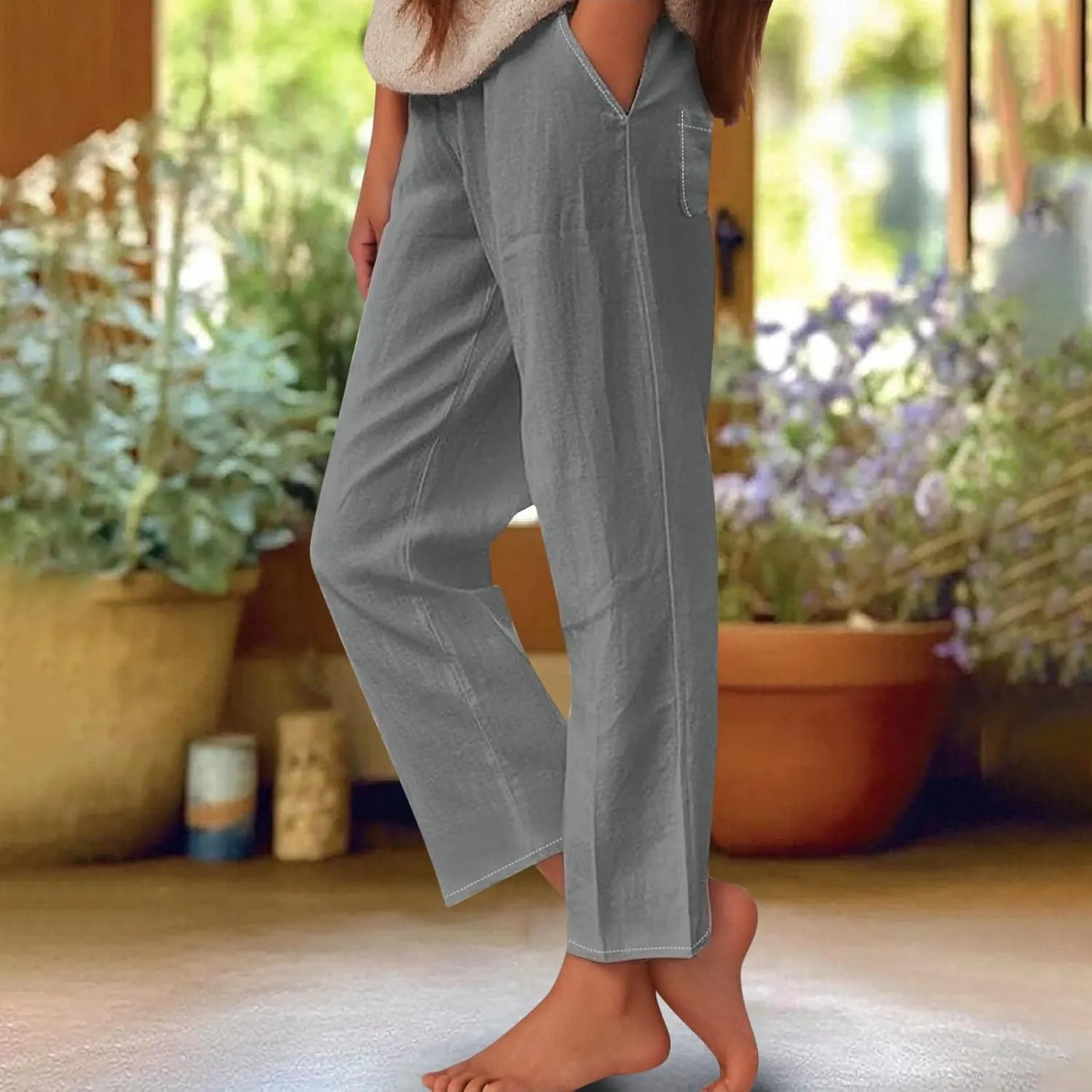 Cotton Linen Pants Women's Casual Summer Relax Fit Elastic Waist Straight Leg Comfy Solid Lounge Long Trouser with