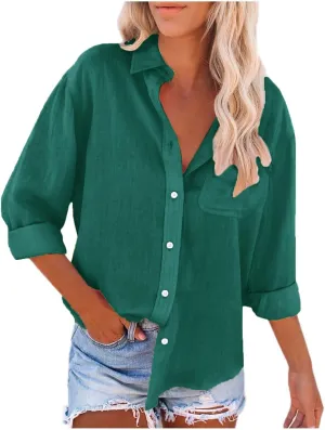 Cotton Linen Shirts for Women with Pockets Long Sleeve Button Down Oversized Tshirts Ladies Vacation Beach Work Tops Clothes