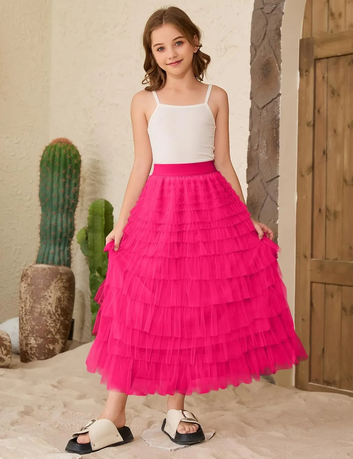 COZYPOIN Girls Tulle Skirts Elastic High Waisted A Line Layered Ruffles Mesh Long Tiered Tutu Skirt Party Outfit 5-14T