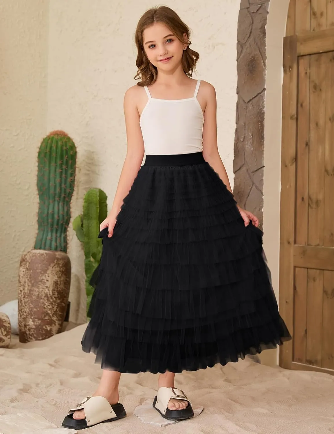 COZYPOIN Girls Tulle Skirts Elastic High Waisted A Line Layered Ruffles Mesh Long Tiered Tutu Skirt Party Outfit 5-14T