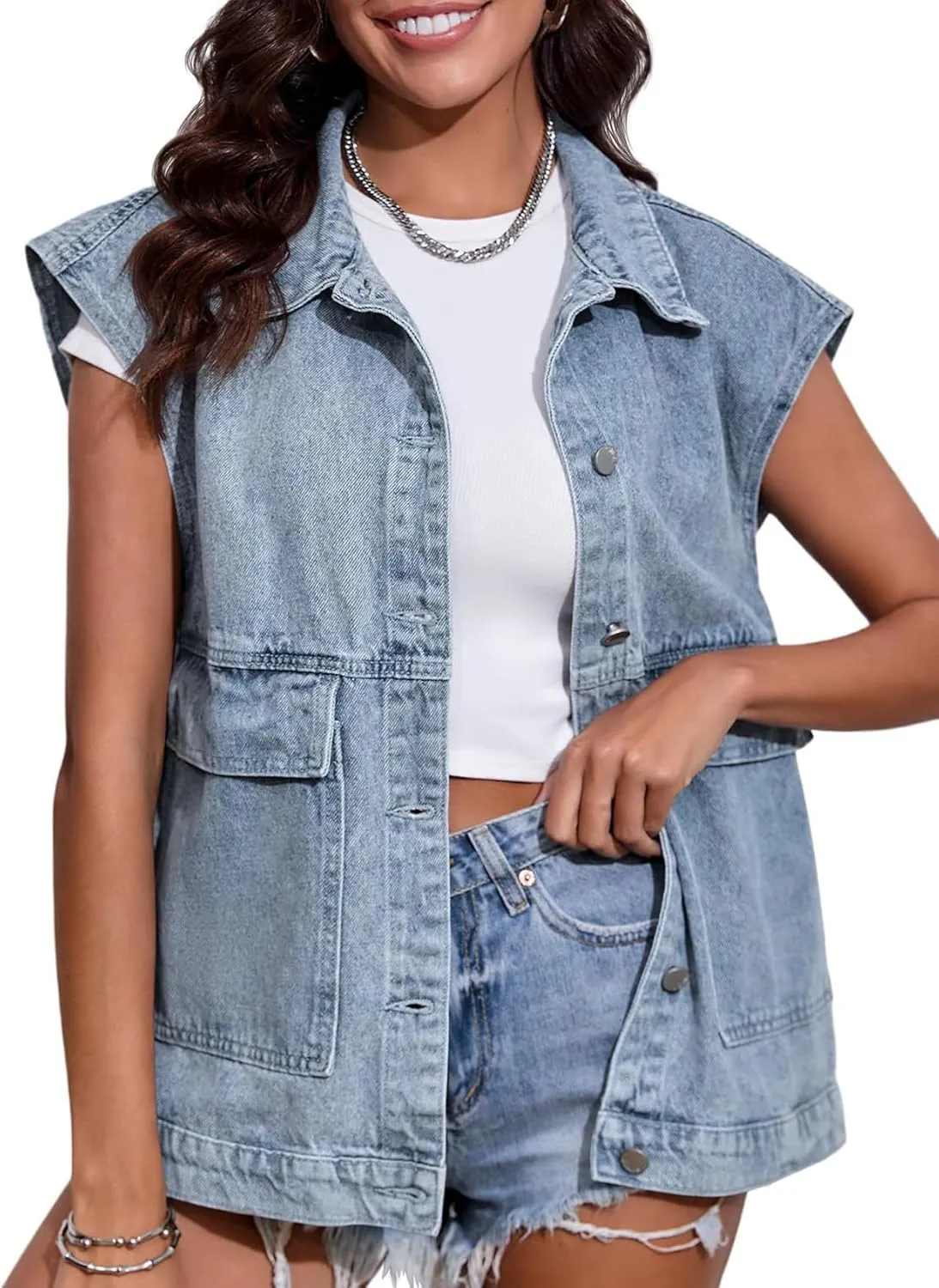 COZYPOIN Womens Denim Vest Oversized Button Down Sleeveless Denim Jean Vest Trendy Vintage Jacket Waistcoat with Pockets