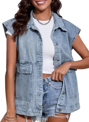 COZYPOIN Womens Denim Vest Oversized Button Down Sleeveless Denim Jean Vest Trendy Vintage Jacket Waistcoat with Pockets