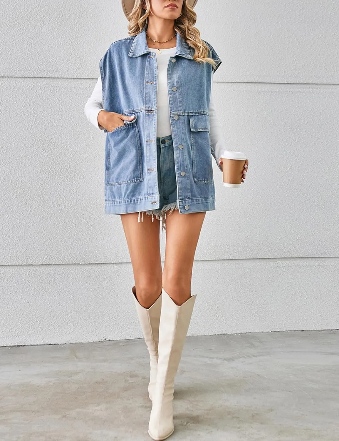 COZYPOIN Womens Denim Vest Oversized Button Down Sleeveless Denim Jean Vest Trendy Vintage Jacket Waistcoat with Pockets