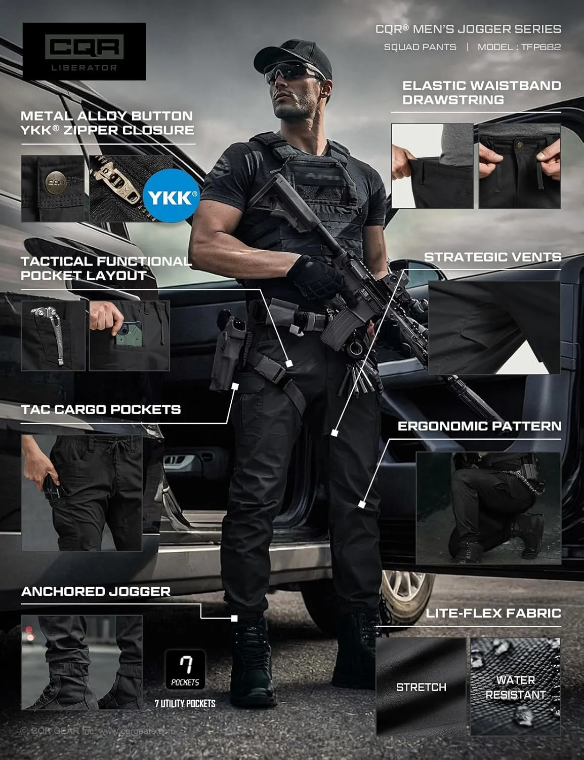 CQR Men's Flex Lightweight Joggers, Elastic Waist Drawstring Casual Pants, Tapered Fit Water Resistant Outdoor Cargo Pants