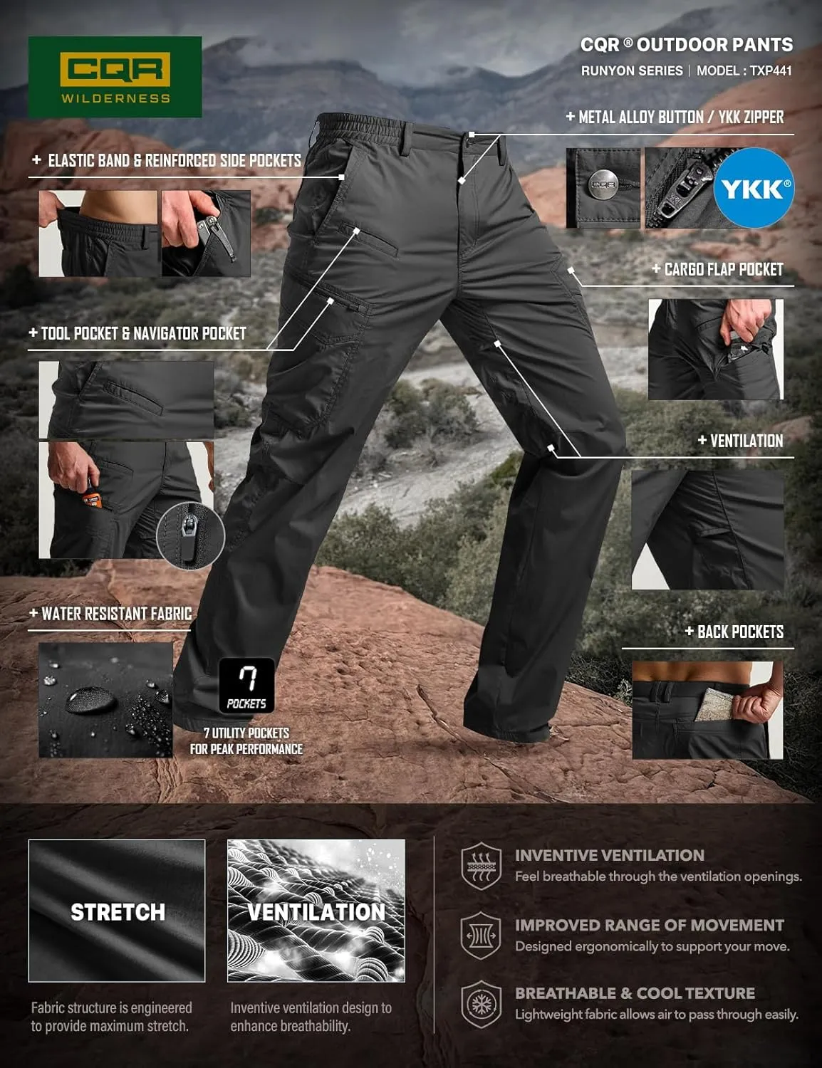 CQR Men's Quick Dry Tactical Pants, Water Resistant Outdoor Pants, Lightweight Stretch Cargo Work Hiking Pants