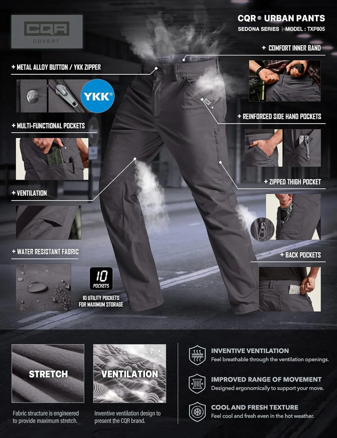 CQR Men's Vent Stretch Pants, Quick Dry Lightweight Casual Cargo Pants, Water Resistant Straight-Fit Utility Work Pants