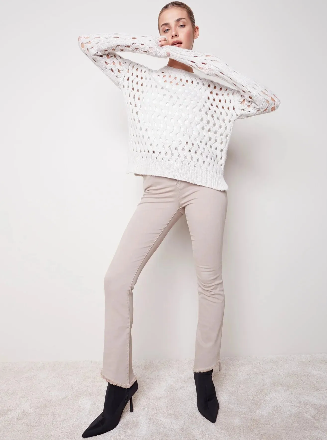 Crewneck Cable Knit Plushy Sweater [Almond-C2541]
