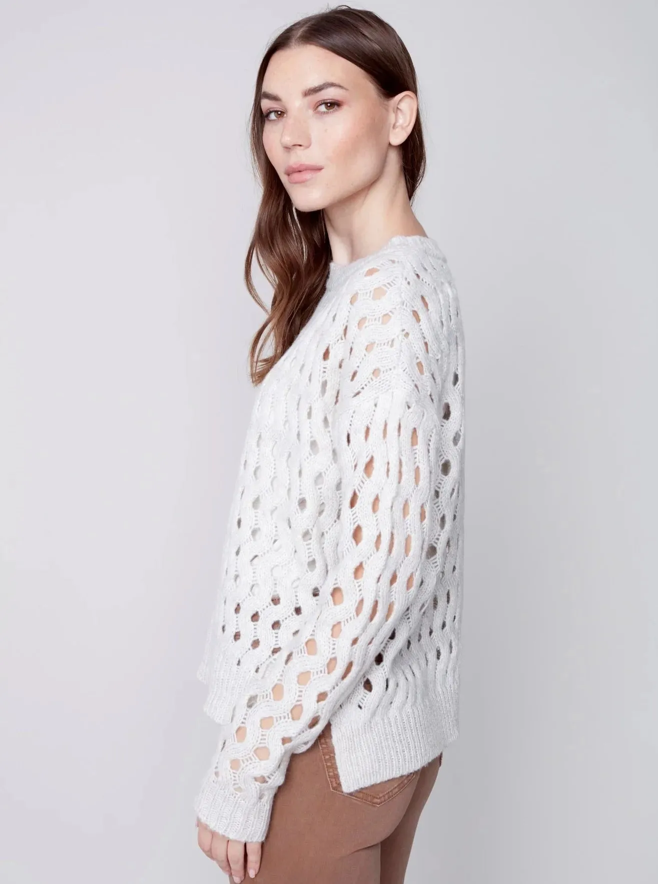Crewneck Cable Knit Plushy Sweater [Almond-C2541]