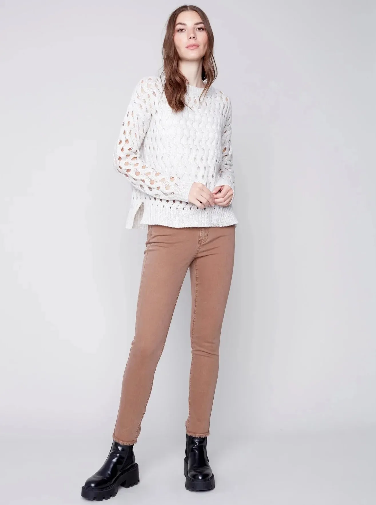 Crewneck Cable Knit Plushy Sweater [Almond-C2541]