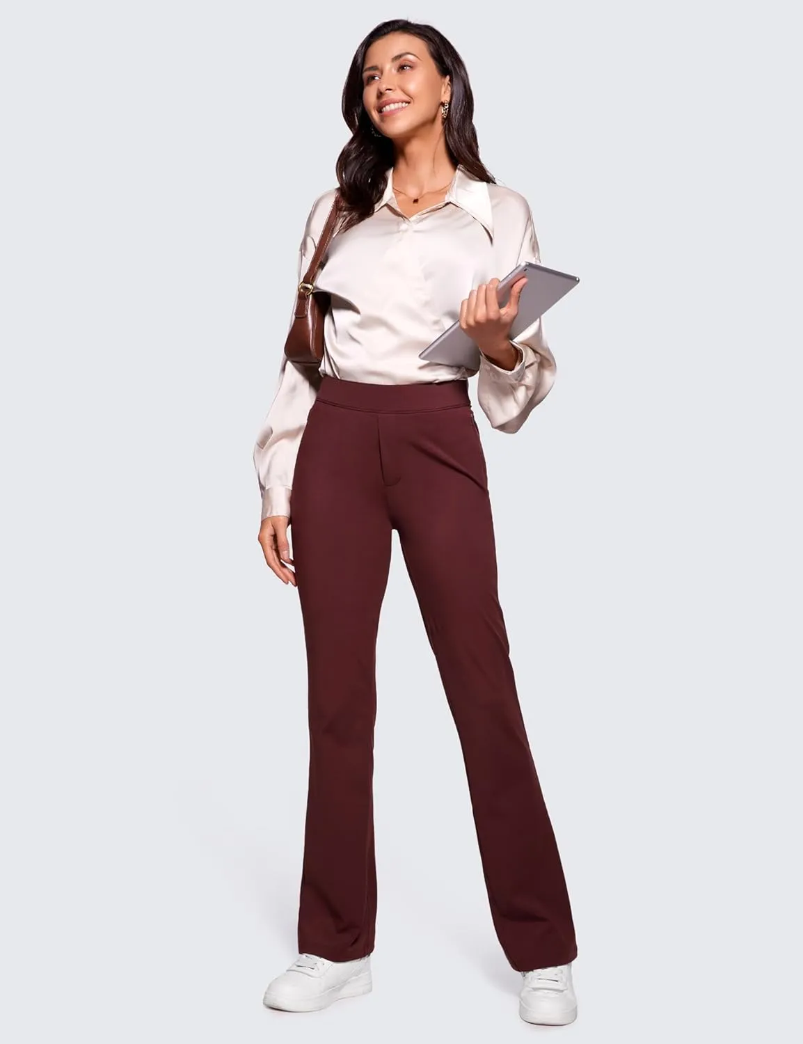CRZ YOGA 4-Way Stretch Flare Womens Pants Tall 31" Dress Work Casual High Waisted Lounge Sweatpants with Zip Pockets