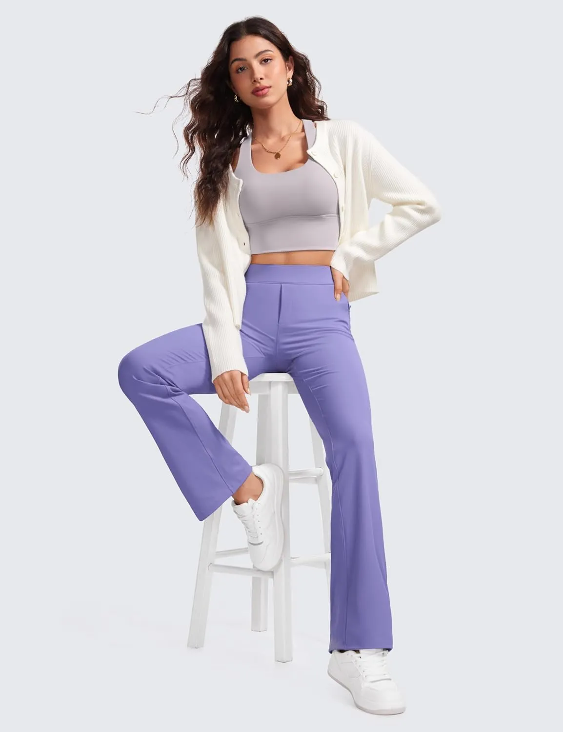 CRZ YOGA 4-Way Stretch Flare Womens Pants Tall 31" Dress Work Casual High Waisted Lounge Sweatpants with Zip Pockets