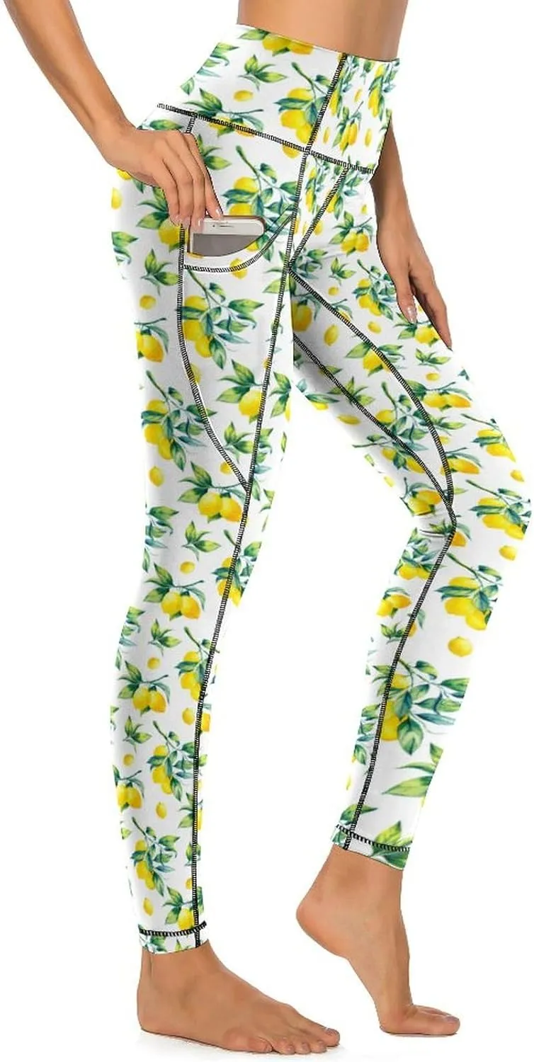 Cute Birds Floral Yoga Pants Women Tummy Control Workout Leggings with Pockets Stretchy High Waist Work Casual Pants