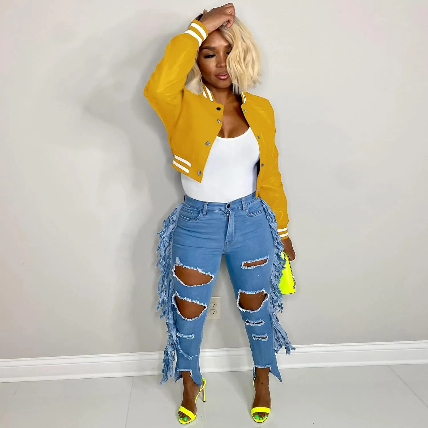 CXINS Women Crop Bomber Jacket Oversized Varsity Button Down Baseball Faux Leather Jacket Coat PU Outwear Vintage Streetwear