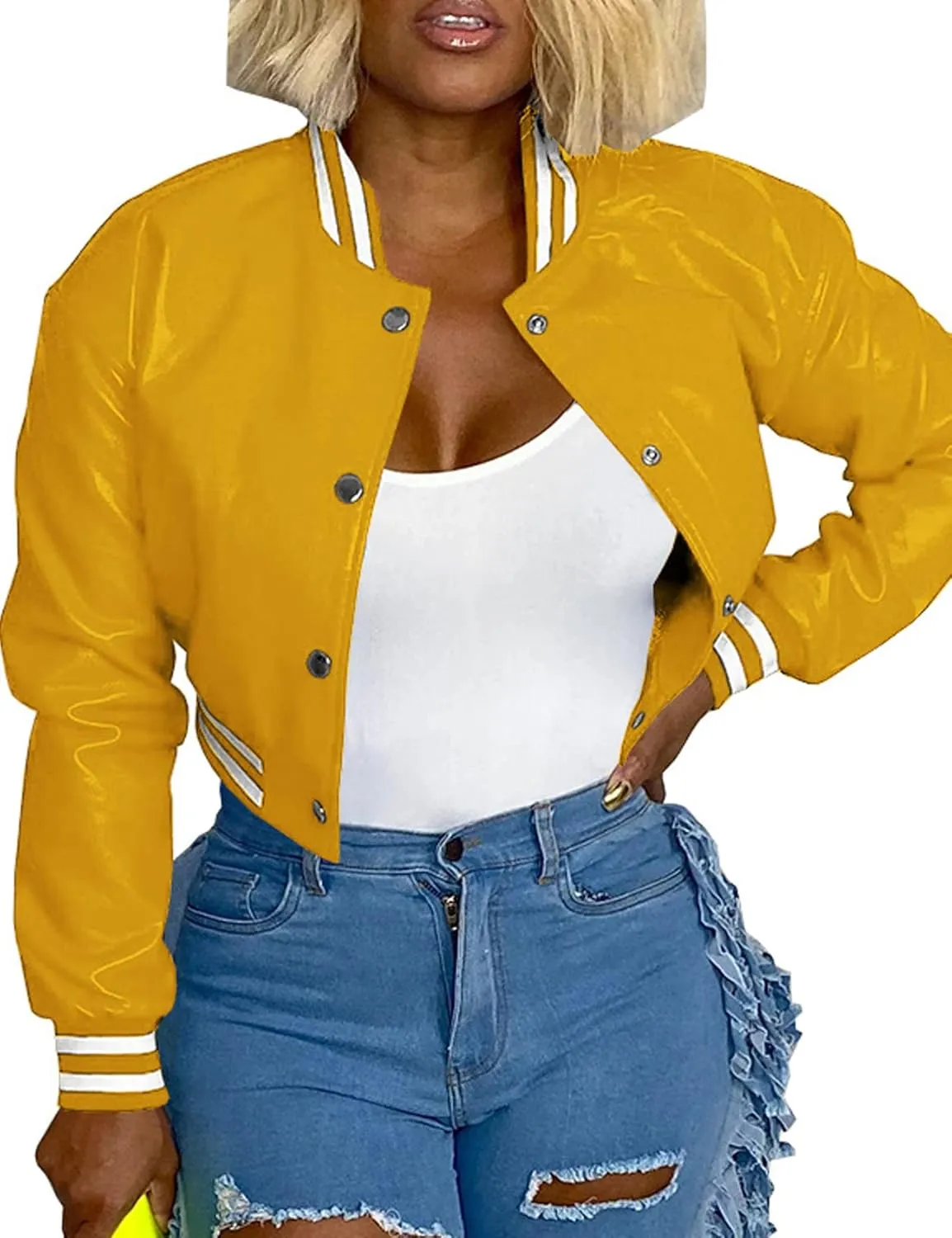 CXINS Women Crop Bomber Jacket Oversized Varsity Button Down Baseball Faux Leather Jacket Coat PU Outwear Vintage Streetwear