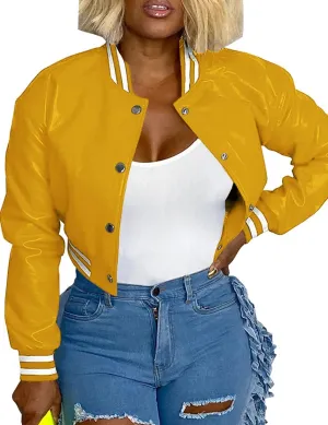 CXINS Women Crop Bomber Jacket Oversized Varsity Button Down Baseball Faux Leather Jacket Coat PU Outwear Vintage Streetwear