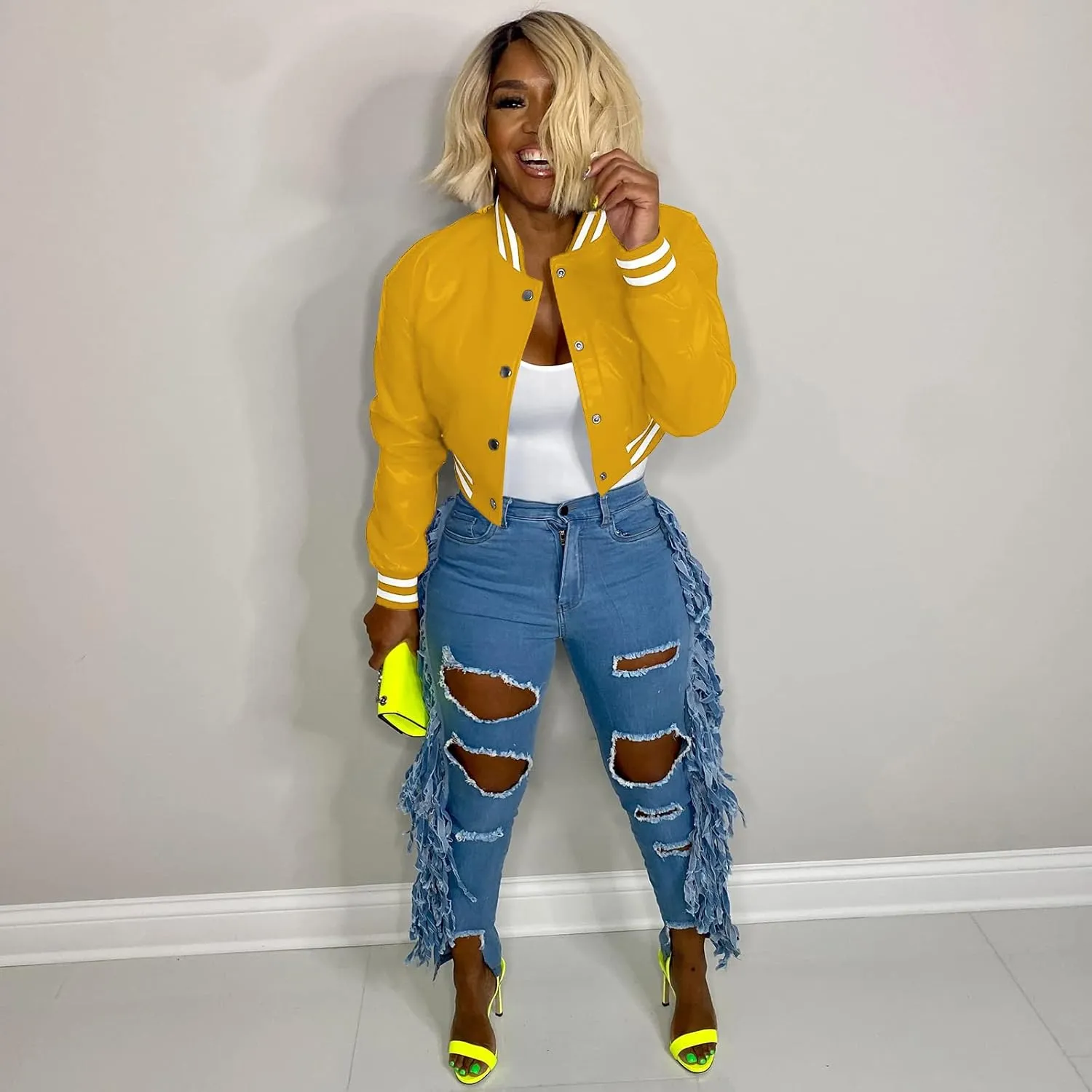 CXINS Women Crop Bomber Jacket Oversized Varsity Button Down Baseball Faux Leather Jacket Coat PU Outwear Vintage Streetwear