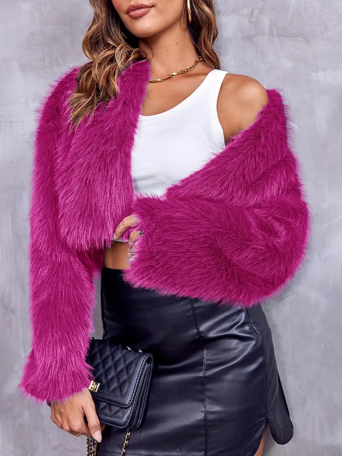 Danedvi Women's Fashion Cropped Faux Fur Jacket Long Sleeve Open Front Cardigan Casual Fluffy Parka Shaggy Short Coat