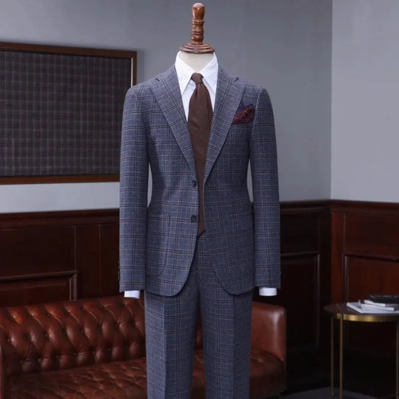 Dark Blue Plaid Notched Lapel Business Suits Two Pieces Prom Suits Blazers Pants