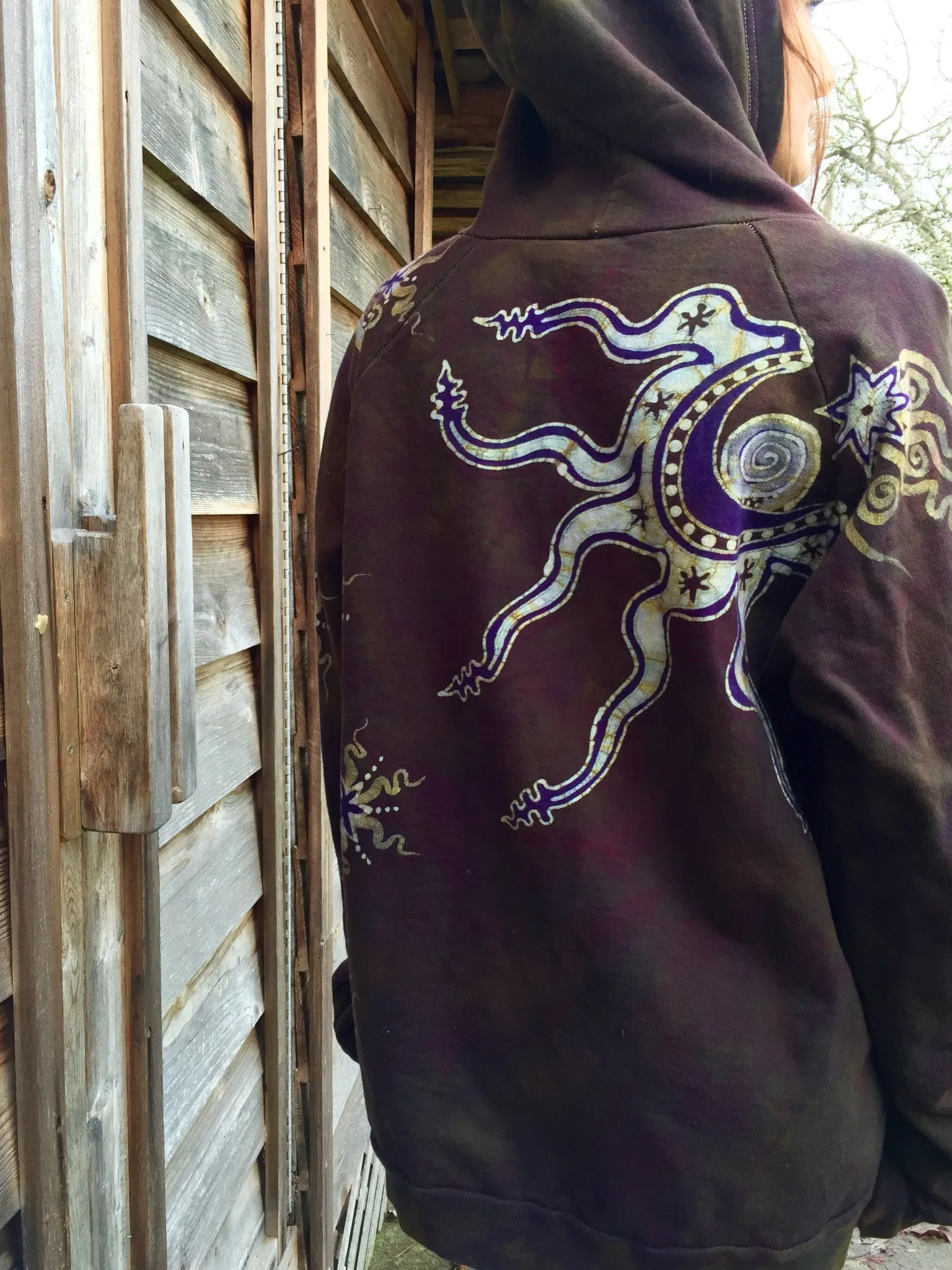 Deepest Gold and Purple Moon Star Organic Cotton Batik Hoodie