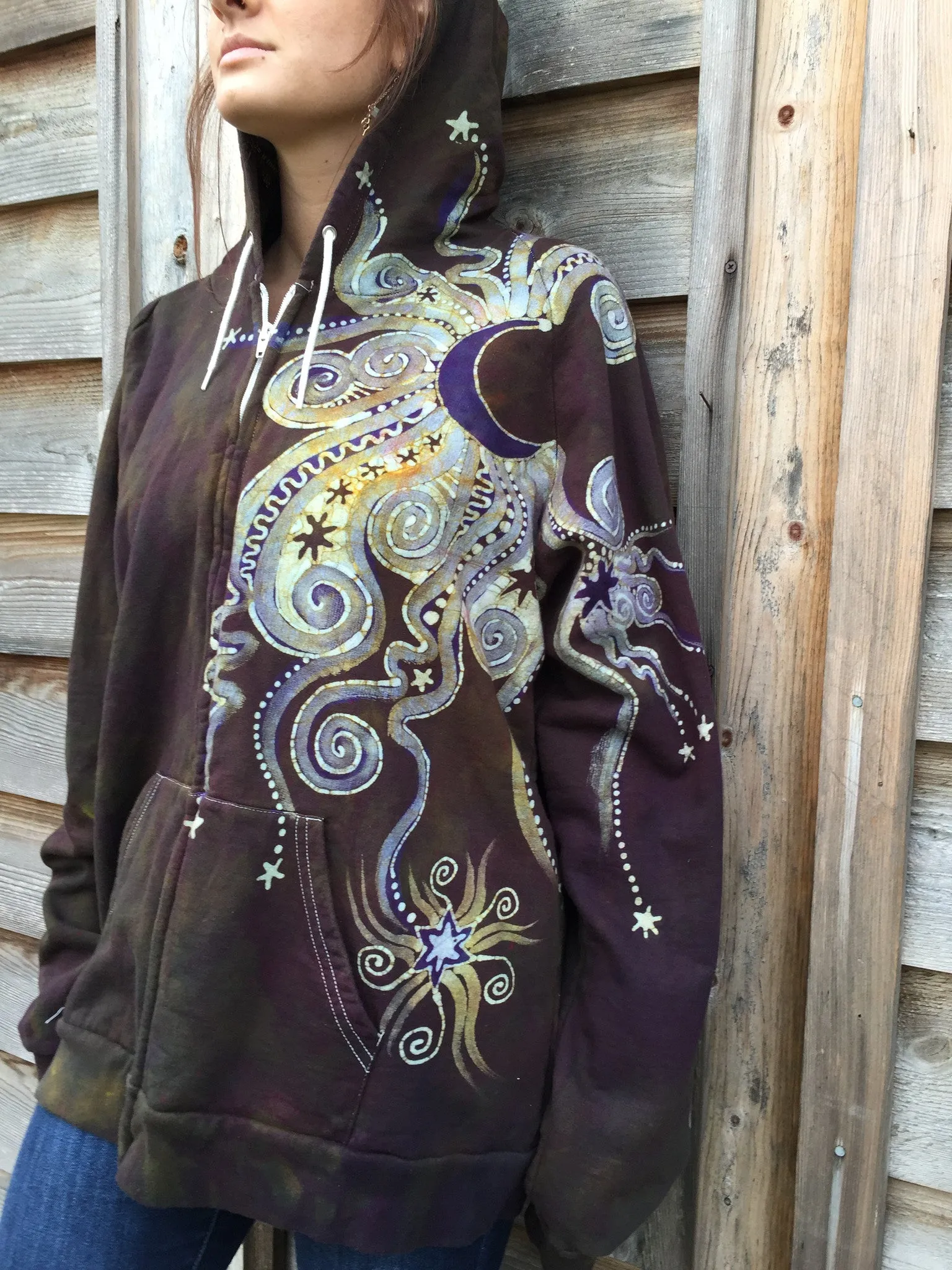 Deepest Gold and Purple Moon Star Organic Cotton Batik Hoodie