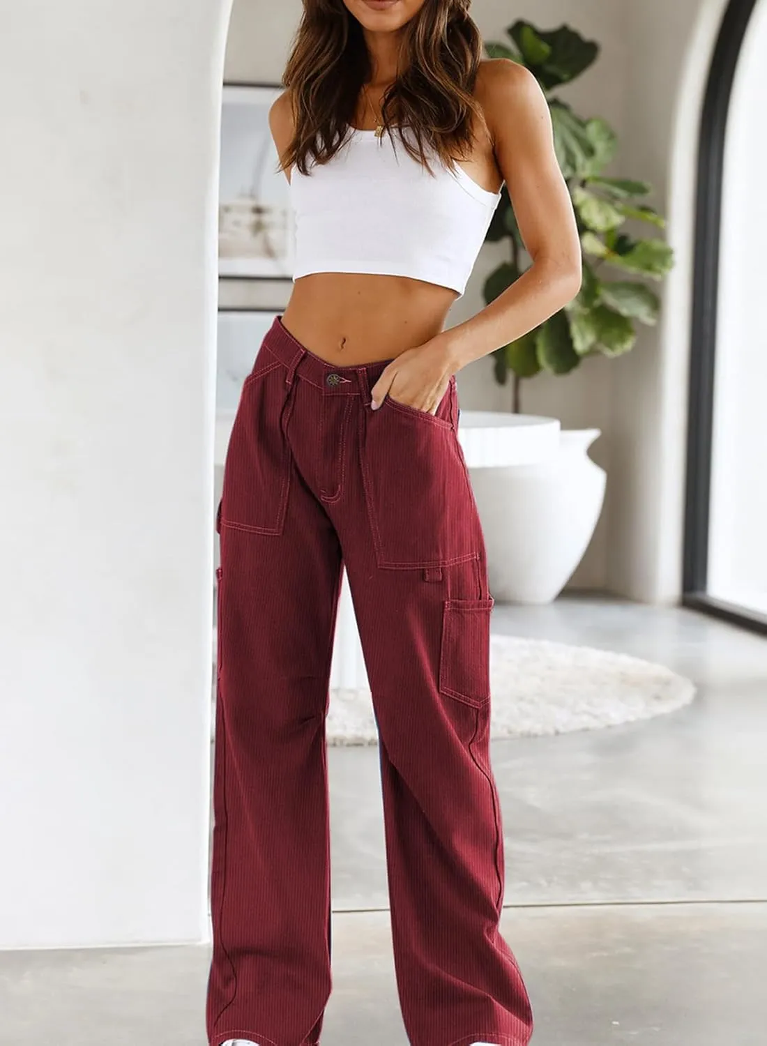 Dokotoo Cargo Long Pants Women 2024 Wide Leg High Waisted with Pockets Casual Pants