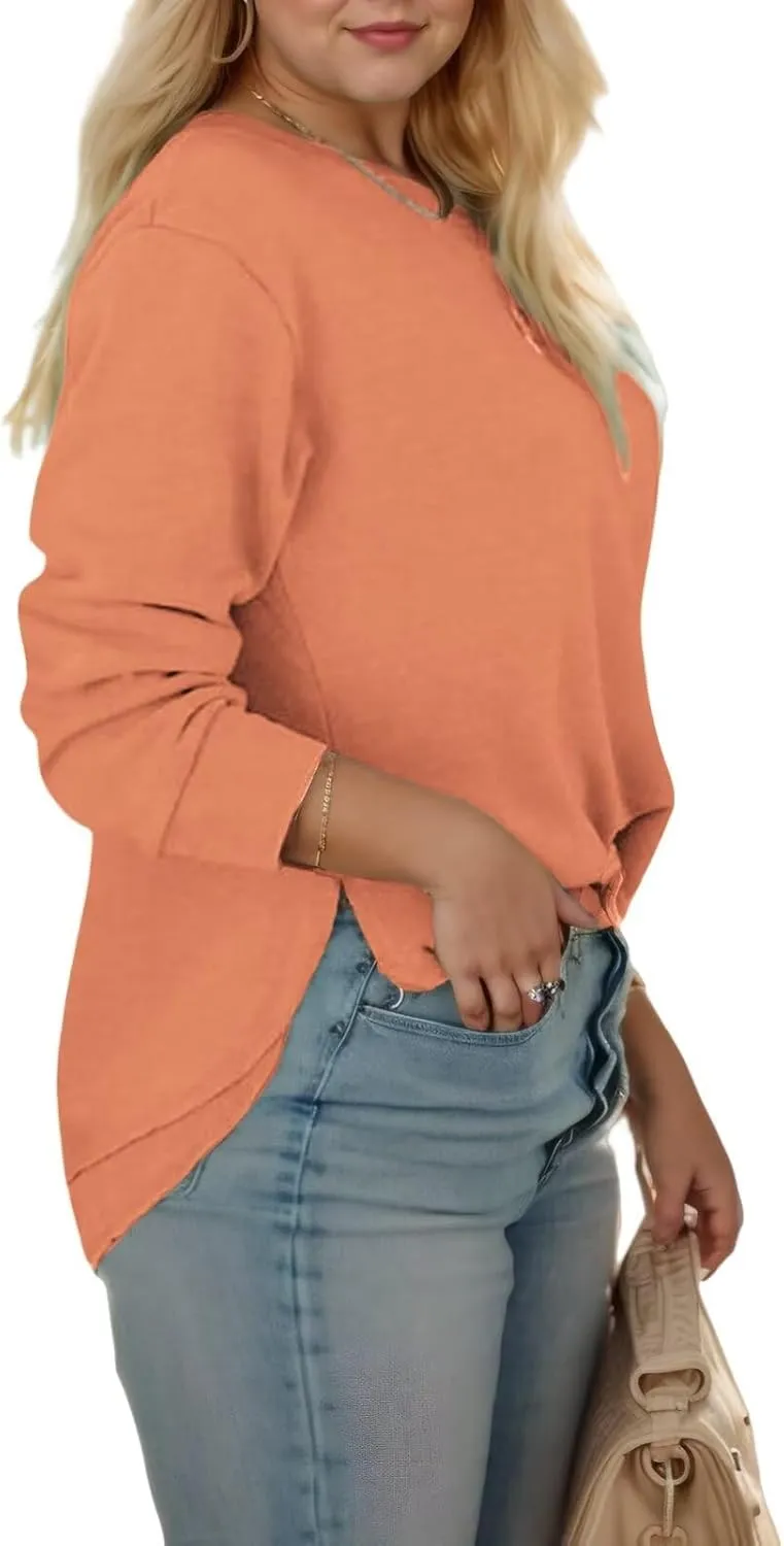 DOLNINE Plus-Size-Sweatshirts for Women Casual Crewneck Shirts Long Sleeve Side Split Tunic Tops Loose Fit Pullover