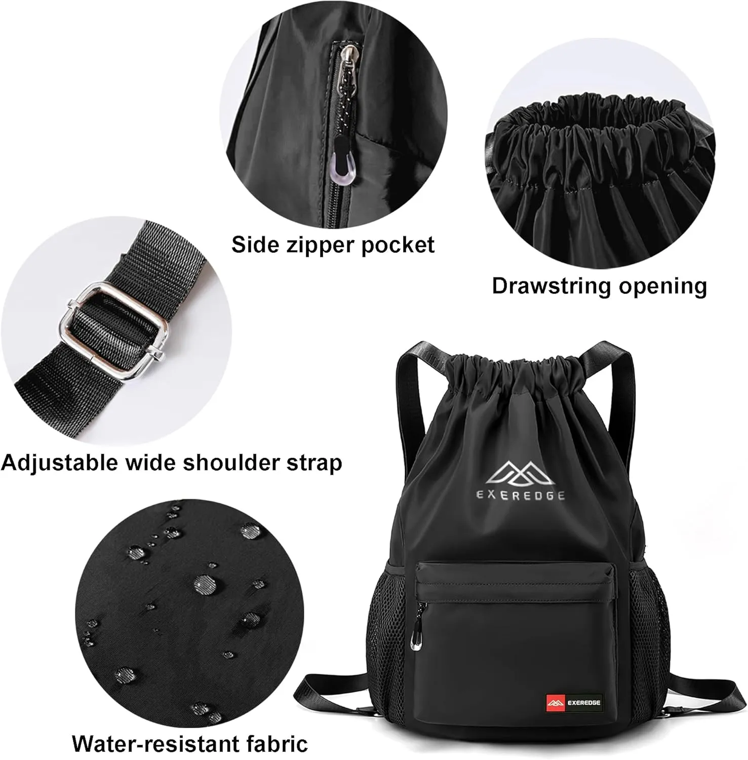 Drawstring Backpack for Women Men Sport Gym Bag Water Resistant Backpack Sandproof Beach Bag With Mesh Pockets (Black)