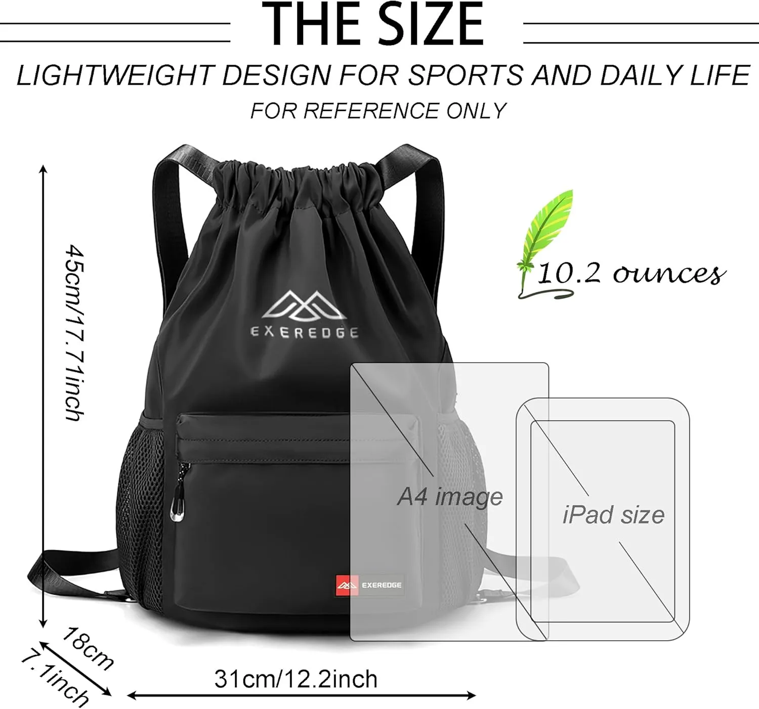 Drawstring Backpack for Women Men Sport Gym Bag Water Resistant Backpack Sandproof Beach Bag With Mesh Pockets (Black)