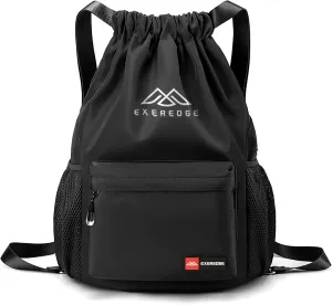 Drawstring Backpack for Women Men Sport Gym Bag Water Resistant Backpack Sandproof Beach Bag With Mesh Pockets (Black)