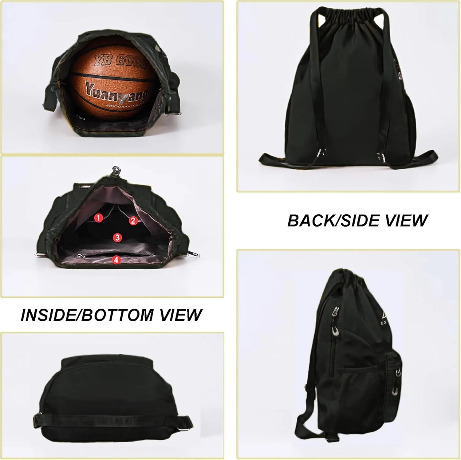 Drawstring Backpack for Women Men Sport Gym Bag Water Resistant Backpack Sandproof Beach Bag With Mesh Pockets (Black)