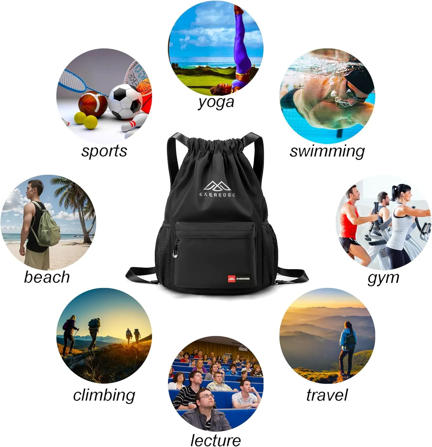 Drawstring Backpack for Women Men Sport Gym Bag Water Resistant Backpack Sandproof Beach Bag With Mesh Pockets (Black)
