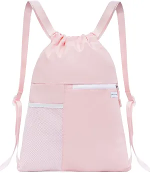 Drawstring Backpack with Mesh Pocket Water Resistant String Beach Swim Sports Gym for Women Men (Pink)