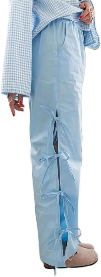 DSORVICD Women Y2k Striped Lounge Pants Casual Drawstring Elastic Waist Wide Leg Pajamas Pants Loose Fit Going Out Trousers