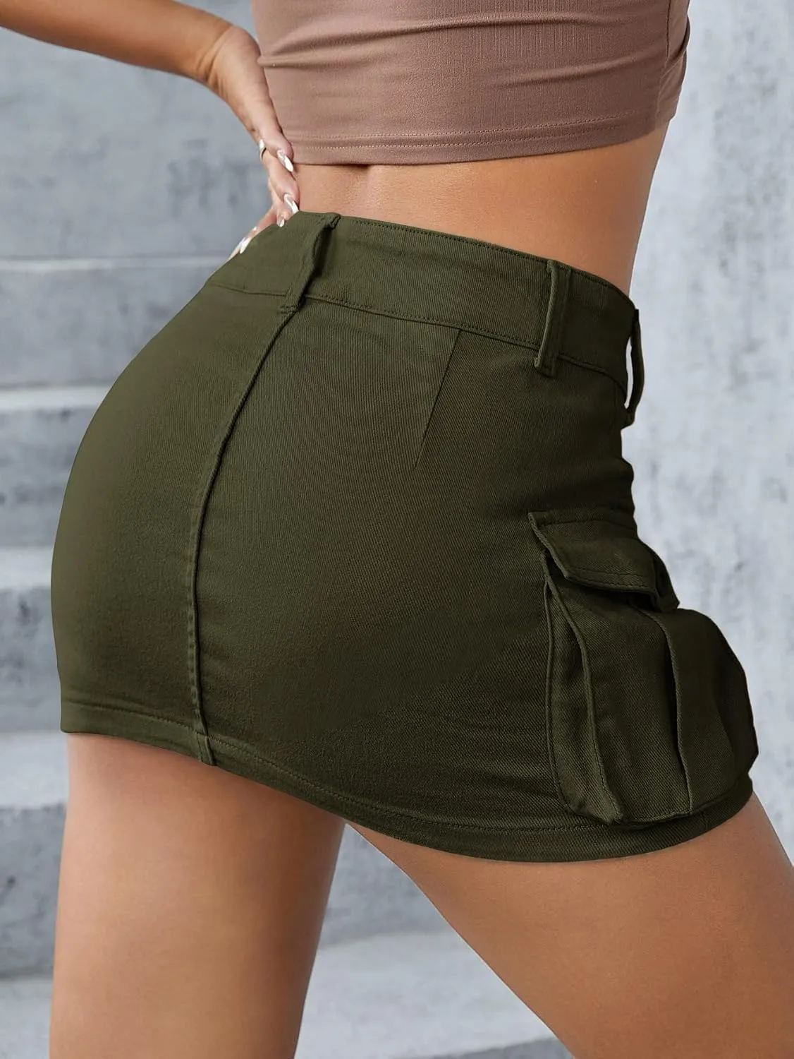 EARKOHA Women's Mini Cargo Skirt Y2K Low Waist Button Short Bodycon Denim Jean With Flap Pockets