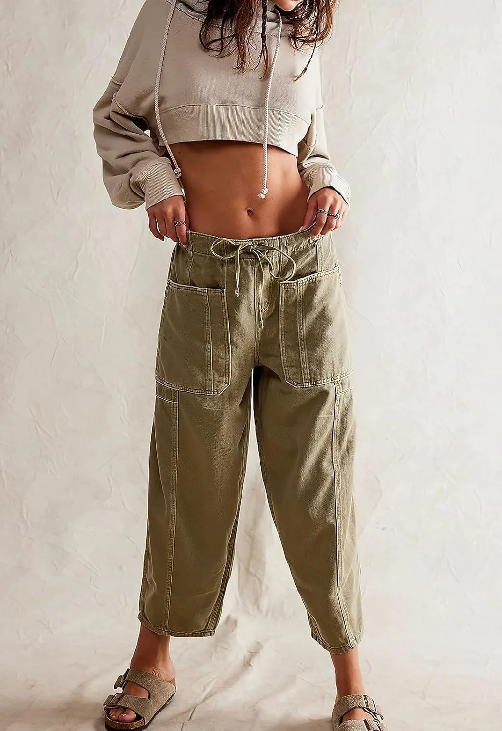 ebossy Barrel Jeans for Women Elastic Waist Baggy Loose Boyfriend Cropped Denim Pants with Drawstring