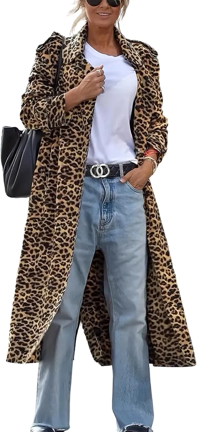 ebossy Women's Fashion Lapel Leopard Print Duster Trench Coat Open Front Slouchy Loose Wool Mid Long Peacoat