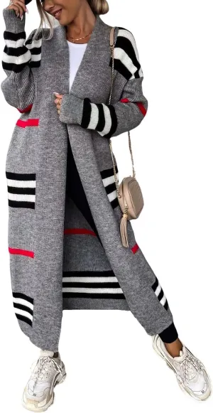ebossy Women's Vintage Open Front Knit Striped Maxi Long Cardigan Sweater with Pockets