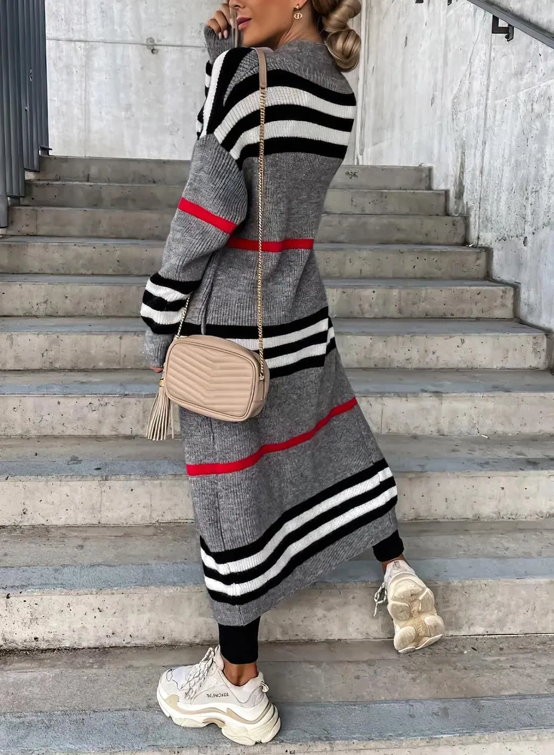 ebossy Women's Vintage Open Front Knit Striped Maxi Long Cardigan Sweater with Pockets