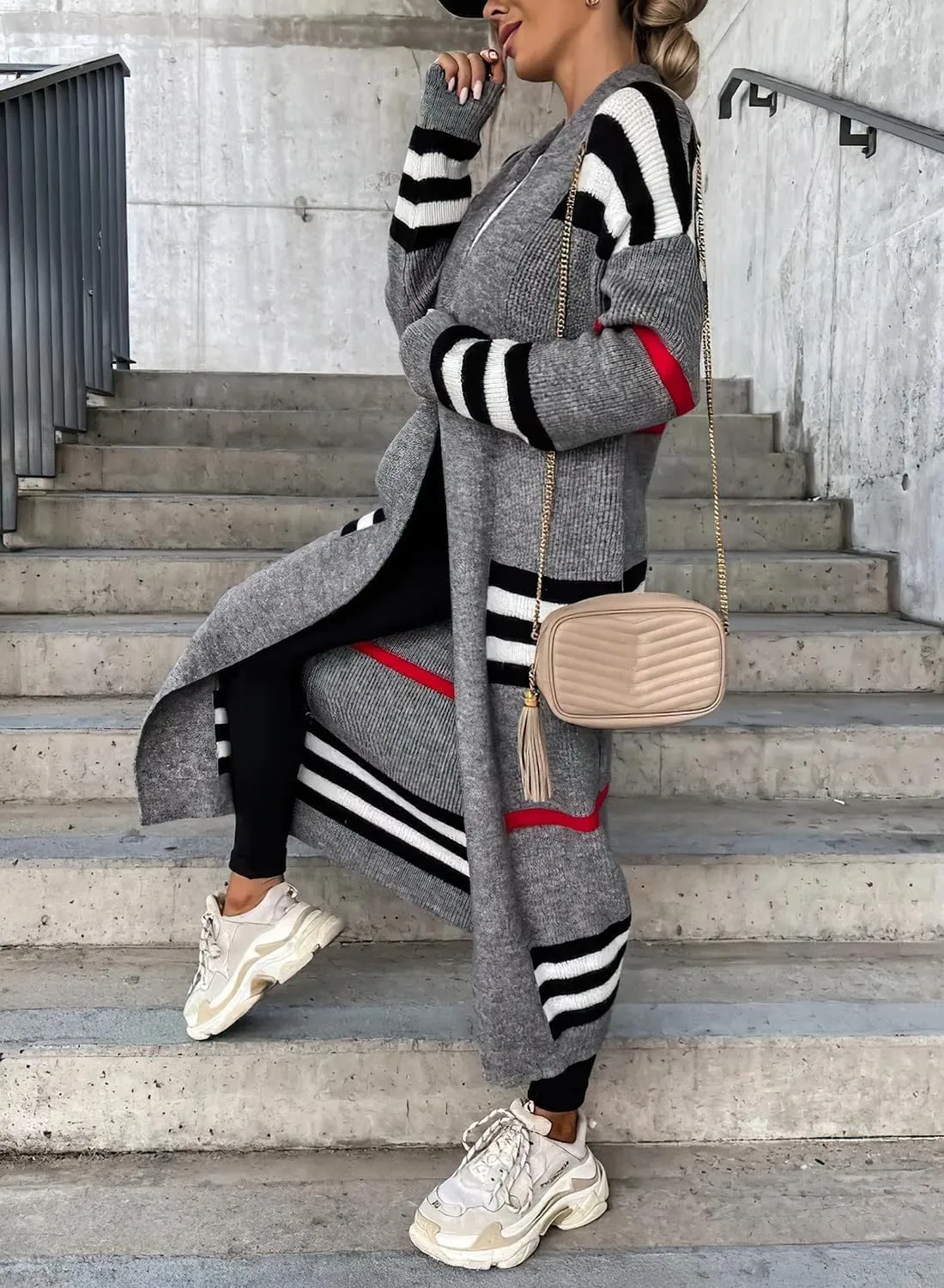 ebossy Women's Vintage Open Front Knit Striped Maxi Long Cardigan Sweater with Pockets