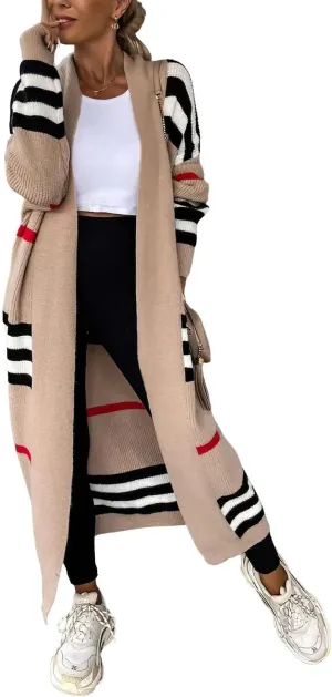 ebossy Women's Vintage Open Front Knit Striped Maxi Long Cardigan Sweater with Pockets